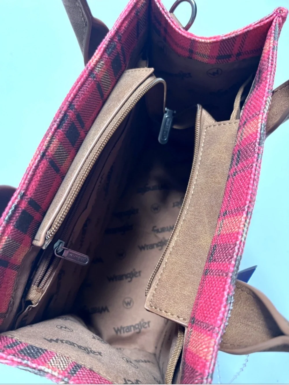NWT Wrangler Pink Plaid Tote Crossbody Bag Canvas PU Guitar Strap Western Tartan